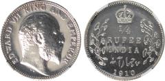 Indian Coins India, Edward VII, silver restrike proof quarter rupee, 1910C, EDWARD VII KING AND EMPEROR, bare head r., rev. crowned value and country, foliage either side, date below (SW.7.92), certif