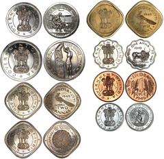 Indian Coins Cupro-nickel Pattern Set, 1949, comprising silver rupee; half rupee; quarter rupee; two annas (3); anna; piece, GOVERNMENT OF INDIA, lion capitol of Asoka, revs. man winnowing wheat; type