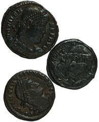 Ancient Coins Byzantine AEs (3): Constantius II (AD 337 – 340), diad., dr. and cuir. bust r., rev. two soldiers facing, holding shield and spear, standard between them (RIC.96); another similar, an is