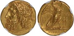 The Gold Section, Ancient Coins Calabria, Tarentum, gold stater, struck under Pyrrhus of Epirus, c. 280 BC, laur. head of Zeus l., monogram NK behind, rev. [TAPANT]INΩN, eagle seated r., on thunderbol