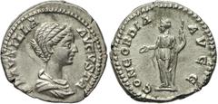 Ancient Coins Plautilla, wife of Caracalla (AD 198-217), silver denarius, Rome, c. AD 202-205, PLAVTILLA AVGVSTA, dr. bust of Plautilla, hair coiled in ridges, fastened in bun at back, rev. CONCORDIA 