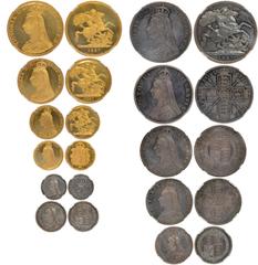Proof British Coins Victoria, proof set, 1887, comprised of gold proof five pounds to silver proof threepence, 'Jubilee' bust l., rev. various, the double florin the Roman 1 in date variety (S.PS5), a