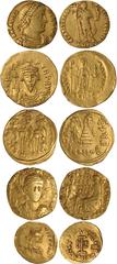 Ancient Coins Late Roman and Byzantine gold coins (5): Constantius II, solidus, facing armoured bust type from Nicomedia, clipped, some scratches, fine; Valens, solidus, Antioch, removed from jeweller