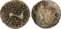 British Coins East Anglian Region, Iceni, Antedios, AD 10-30?, silver unit, double crescent emblem, rev. horse r., T followed by three pellets below, wt. 1.17gms. (ABC.1642 var.; S.441 var.; VA.715), 
