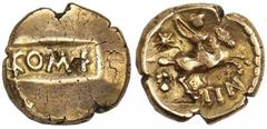 CELTIC. Britain. Atrebates and Regni. Tincommius, ca. 30-10 B.C. AV Stater. Atrebatic F. COM F on sunken tablet . Rv. Warrior on horseback right, holding javelin; above tail, star, below tail, pellet.
