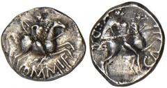 CELTIC. Britain. Atrebates and Regni. Verica, ca. A.D. 10-40. AR Unit. Southern mint. Warrior with shield strapped to back on horse galloping right. Rv. Warrior on horseback right, holding couched lan