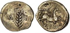 CELTIC. Britain. Trinovantes and Catuvellauni. Cunobelin, ca. A.D. 10-43. Fourrée Stater. Plastic type. Grain ear. Rv. Horse galloping right; above, branch between two pellets. 5.32 grams. Cf. Hobbs 1