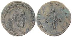 Pupienus, A.D. 238. Æ Sestertius. Rome. Laureate, draped and cuirassed bust of Pupienus right. Rv. Emperor standing left, holding branch and parazonium. 18.26 grams. RIC 15. BMC 51. Cohen 30. Brown pa
