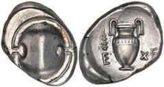 BOIOTIA. Thebes. Ca. 395-338 B.C. AR Stater. Good Very Fine. AR Stater. Ca. 390-382 B.C. Eche..., magistrate . Boiotian shield. Rv. Amphora; in left field, club; all within circular incuse. 12.30 gram