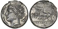 SICILY. Syracuse. Agathokles, 317-289 B.C. AR Tetradrachm. Ca. 317-310 B.C. Extremely Fine AR Tetradrachm. Ca. 317-310 B.C. Wreathed head of Arethusa left; around three dolphins; below neck, NI. Rv. C