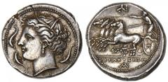 SICILY. Syracuse. Agathokles, 317-289 B.C. AR Tetradrachm. Ca. 317-310 B.C. Extremely Fine AR Tetradrachm. Ca. 317-310 B.C. Wreathed head of Arethusa left, wearing triple-pendant earring and necklace;
