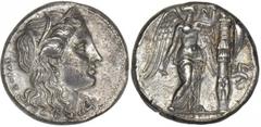 SICILY. Syracuse. Agathokles, 317-289 B.C. AR Tetradrachm. Good Very Fine AR Tetradrachm. Wreathed head of Kore right. Rv. Nike standing right, holding hammer and nail, erecting trophy; in right field