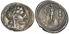 SICILY. Syracuse. Agathokles, 317-289 B.C. AR Tetradrachm. Ca. 310-306/5 B.C. Good Very Fine AR Tetradrachm. Ca. 310-306/5 B.C. Wreathed head of Kore right, wearing single-pendant earring and necklace