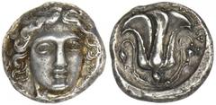 ISLANDS OFF CARIA. Rhodes. Ca. 408/7-404 B.C. AR Tetradrachm. Reverse die signed by Tauro... Choice Very Fine AR Tetradrachm. Reverse die signed by Tauro... Head of Helios facing slightly right. Rv. R