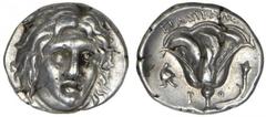 ISLANDS OFF CARIA. Rhodes. Ca. 275-250 B.C. AR Didrachm. Herasikles, magistrate. Good Very Fine AR Didrachm. Herasikles, magistrate. Head of Helios facing slightly right. Rv. Rose with bud to right; i