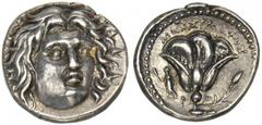 ISLANDS OFF CARIA. Rhodes. Ca. 250-229 B.C. AR Didrachm. Mnasimachos, magistrate. Extremely Fine AR Didrachm. Mnasimachos, magistrate. Radiate head of Helios facing slightly right. Rv. Rose, bud to ri