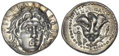 ISLANDS OFF CARIA. Rhodes. Ca. 250-229 B.C. AR Didrachm. Mnasimachos, magistrate. Nearly Extremely Fine AR Didrachm. Mnasimachos, magistrate. Radiate head of Helios facing slightly right. Rv. Rose, bu