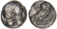 BAKTRIA. Sophytes, ca. 305-294 B.C. AR Diobol. Very Fine AR Diobol. Imitating Athens. Head of Athena right, wearing crested Attic helmet; behind, grape bunch (nearly off flan). Rv. Owl with wings fold
