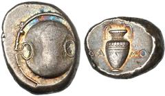 THEBES. 395/390-338 B.C. Stater. Boeotian shield. Rv. Amphora; ΔA-MO flanking, wreath above. 12.13 grams. BMC 130. Well centered on an oval flan. Medium gray and iridescent. Choice Very Fine. (300-400