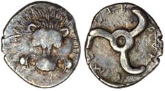 LYCIA. Trbbenimi, dynast of Limyra, ca.380 B.C. Tetrobol. Lion's scalp facing. Rv. Triskeles, Lycian letters around. 3.02 grams. SNG von Aulock 4215. Medium gray. Choice Very Fine. (300-400) From the 