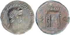 Nero, 54-68 A.D. Sestertius, 64 A.D. Rome. Laureate bust r. with traces of aegis, [NERO CLAV]DIVS CAESAR AVG. GERM. P.M. TR.P. COS. Rv. Triumphal arch with statue of emperor in facing quadriga flanked