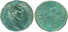 Nerva, 96-98 A.D. Sestertius, 97 A.D. Rome. Laureate head r., IMP. NERVA CAES. AVG. P.M. TR.P. COS.III P.P. Rv. Libertas standing l. holding pileus and scepter, LIBERTAS [PV]BLICA S.C. RIC 86. Extraor