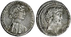 Mark Antony and Cleopatra. Tetradrachm, ca.36 B.C. Antioch (?). Diademed and draped bust r. of Cleopatra, BACIΛICCA KΛEOΠATRA ΘEA NEWTEPA. Rv. Bare head of Antony r., ANTWNOC AYTOKPATWP TPITON [TPIWN 