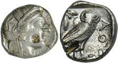 ATHENS. Attica. Ca.420-early 4th Century B.C. Tetradrachm. Helmeted head of Athena r., archaic eye. Rv. Owl, tail as single prong, in shallow incuse square. 17.20 grams. Cf. SNG Dewing 1616. Deep coun