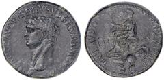 Nero Claudius Drusus, d.9 B.C. Posthumous Sestertius, 41-42 A.D., struck by his son Claudius. Rome. Bare head l., NERO CLAVDIVS DRVSVS GERMANICVS [IMP]. Rv. Claudius, bare-headed and togate, seated l.