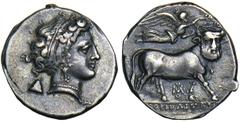 NEAPOLIS. Campania. 320-300 B.C. Didrachm. Filleted female head r., pileus behind and monogram to lower r. Rv. Man-faced bull walking r., head facing, crowned by Nike flying r. carrying wreath, monogr