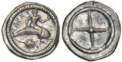 TARENTUM. Calabria. 480-470 B.C. Didrachm. Phalanthos or Taras on dolphin r., scallop shell below, TARAΣ (retrograde) behind, cable border. Rv. Wheel of four spokes. 8.04 grams. SNG ANS 827, Vlasto 73