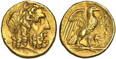TARENTUM. Calabria. Time of Pyrrhos of Epiros, ca.280-275 B.C. Gold Stater, ca. 280 B.C. Laureate head of Zeus r. Rv. Eagle standing r. on thunderbolt, wings spread; [T]APANTINΩN to l., Phrygian helme