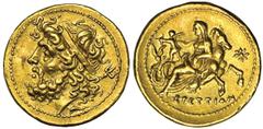 THE BRETTII. Bruttium. Time of the Second Punic War, ca.221-201 B.C. Gold Drachm, ca. 213-205 B.C. Bearded head of Poseidon l. wearing taenia, trident behind, dolphin below. Rv. Hippocamp r. on which 