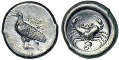 AKRAGAS. Ca.485-470 B.C. Didrachm. Eagle with closed wings standing l., AKRA to l. Rv. Crab, Corinthian helmet below, all in shallow incuse circle. 8.88 grams. SNG ANS 946. Pale gray. Exceptional deta