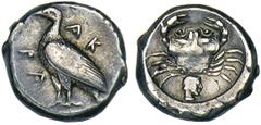 AKRAGAS. Ca.485-470 B.C. Didrachm. Eagle with closed wings standing l., AK to r., RA to l. Rv. Crab, small male head r. below, all in shallow incuse circle. 8.56 grams. SNG ANS 958 var. (eagle r.), SN