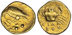 AKRAGAS. Ca.410-406 B.C. Gold Diobol. Magistrate Silanos. Eagle standing l. on rock, snake in talons, two pellets below, AKP[A] behind. Rv. Crab, ΣIΛA/NOΣ (retrograde) below. 1.31 grams. SNG ANS 998. 