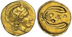 KAMARINA. Ca.405 B.C. Gold Diobol. Head of Athena r. wearing Attic helmet decorated with a hippocamp. Rv. Olive sprig with two berries, KA in center. 1.03 grams. Westermark and Jenkins 206.10 (this co
