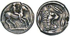 LEONTINOI. Ca.476-468 B.C. Didrachm. Nude male on horseback r. on dotted exergual line. Rv. Lion's head r., four barley corns and [L]EON[TIN]O around. 8.50 grams. SNG ANS 209 (same reverse die), Rizzo