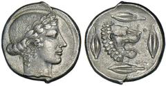 LEONTINOI. Ca.450-440 B.C. Tetradrachm. Laureate head of Apollo r. Rv. Lion's head r., four barley corns around, LEONTINON. 17.20 grams. SNG ANS 237 (same obverse die). Pale gray toning. Well centered