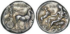MESSANA. Ca.420-413 B.C. Tetradrachm. Slow biga of mules driven r. by standing female charioteer holding reins and kentron, two dolphins confronted in ex; MEΣΣAN[A] above. Rv. Youthful Pan seated l. o