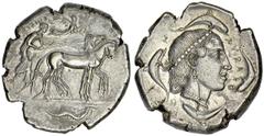 SYRACUSE. Second Democracy, 466-405 B.C. Tetradrachm, ca.460-450 B.C. Slow quadriga driven r. by male charioteer leaning forward and holding goad, Nike above crowning horses, ketos in ex. Rv. Head of 