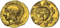 SYRACUSE. Second Democracy, 466-405 B.C. Gold Dilitron, ca.406 B.C. Obverse die signed by IM. Head of Athena l. wearing helmet decorated by serpent, palmette and tendrils, I-M below neck truncation; Σ