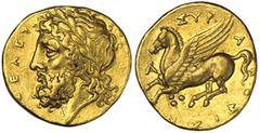 SYRACUSE. Timoleon and the Third Democracy, 344-317 B.C. Gold Hemidrachm-30 Litrai, ca.344-335 B.C. Laureate head of Zeus Eleutherios l., [IEY] Σ EΛEY[ΘEPIOΣ]. Rv. Pegasos flying l., AP monogram to l.