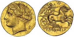 SYRACUSE. Thoenon and Sosistratos, 278 B.C. Gold Hemistater-Dekadrachm. Head of Persephone l., hair wreathed with grain ears, B behind. Rv. Nike driving biga galloping r., holding kentron in r. hand, 