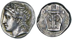 OLYNTHOS. Chalcidian League. Ca.383-379 B.C. Tetradrachm. Laureate head of Apollo l. Rv. Kithara, tripod above, [XA] ΛKIΔEΩN around, KPA below. 14.32 grams. SNG ANS 488, Robinson-Clement pl.XXVII.82a 