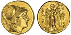 KINGS OF MACEDON. Alexander III, the Great, 336-323 B.C. Gold Stater, ca.250-225 B.C. Kallatis. Head of Athena r. wearing crested Corinthian helmet decorated with a coiled serpent, flowing hair. Rv. N