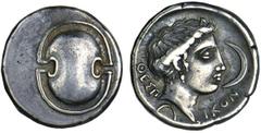 THESPIAI. Boiotia. Early-mid 4th Century B.C. Stater. Boiotian shield. Rv. Head of Aphrodite Melainis r., small crescent facing downwards below, larger vertical crescent facing l. to r., ΘEΣ Π-IKON be