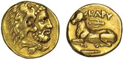 KARYSTOS. Euboia. Revolt of Ptolemaios, ca.313 B.C. Gold Drachm. Bearded head of Herakles r. wearing lion's skin headdress. Rv. Cow recumbent l., trident and KAPY above, club below. 3.38 grams. BMC 17