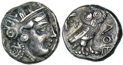 ATHENS. Attica. Ca.337-294 B.C. Fourrée Tetradrachm, ca.297 B.C. Head of Athena r., eye in profile, wearing helmet decorated with olive leaves and palmette. Rv. Owl standing r., stocky and with a larg