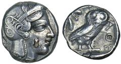 EASTERN ISSUE (probably EGYPT). Imitating Athenian types. Ca.400-350 B.C. Tetradrachm. Helmeted head of Athena/owl as on the Athenian Tetradrachms of 449-404 B.C. Countermark on Athena's cheek: hierog
